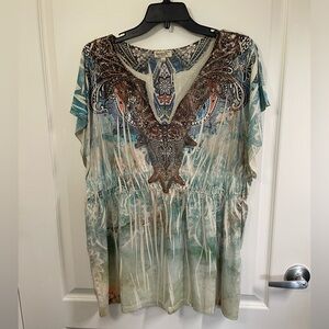 One World Women's XL Bohemian Blouse Multicolor Paisley V-Neck Short Sleeve